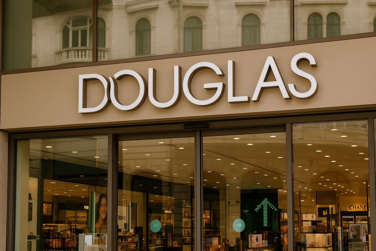 L'entrata di un'attività commerciale con la scritta Douglas che campeggia in alto