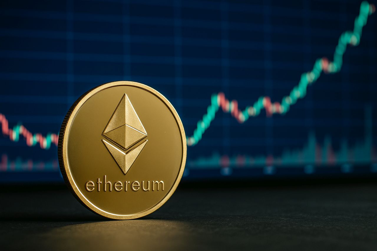 Una moneta di Ethereum con un grafico a candele sullo sfondo