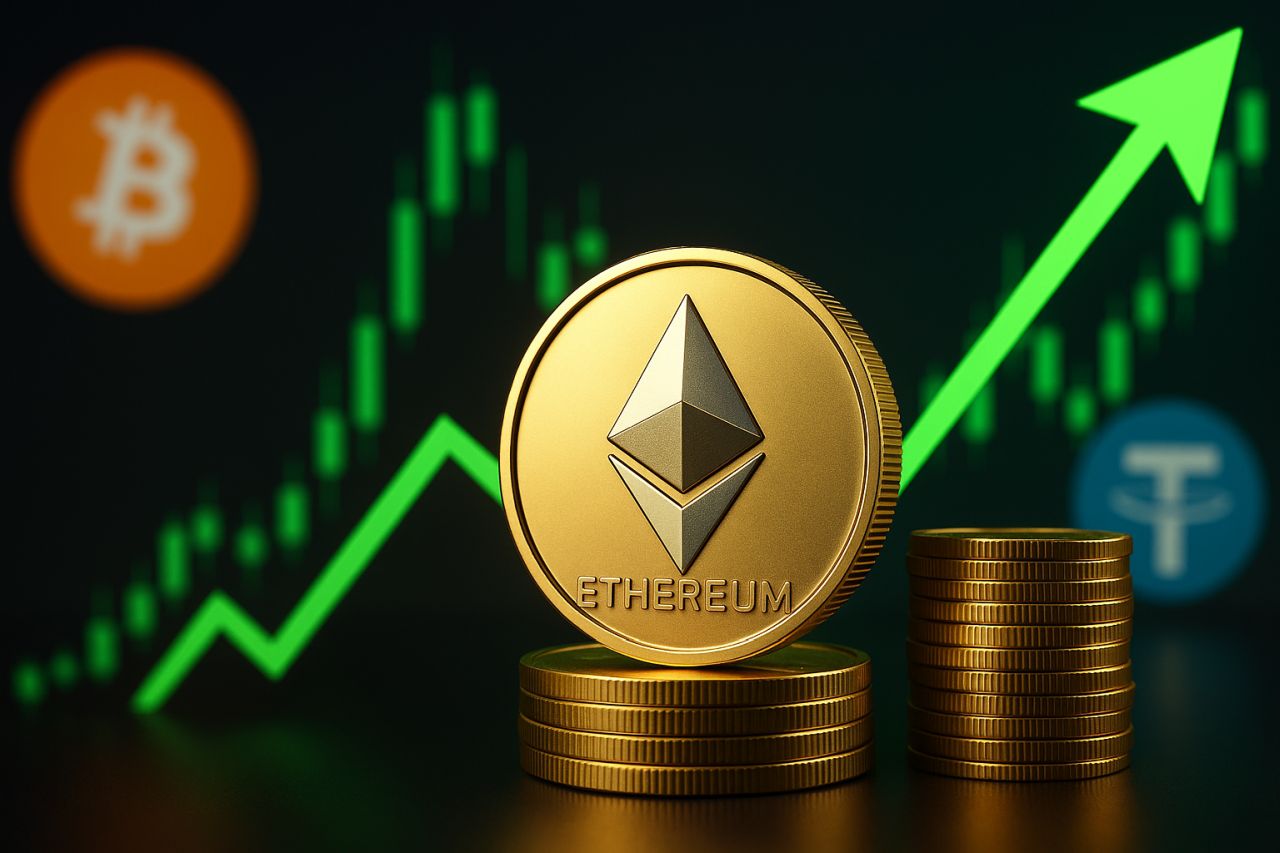 una moneta con il simbolo di ETH con una freccia verde verso l'alto sullo sfondo insieme a grafici a candele e altre monete con simboli di crypto diverse