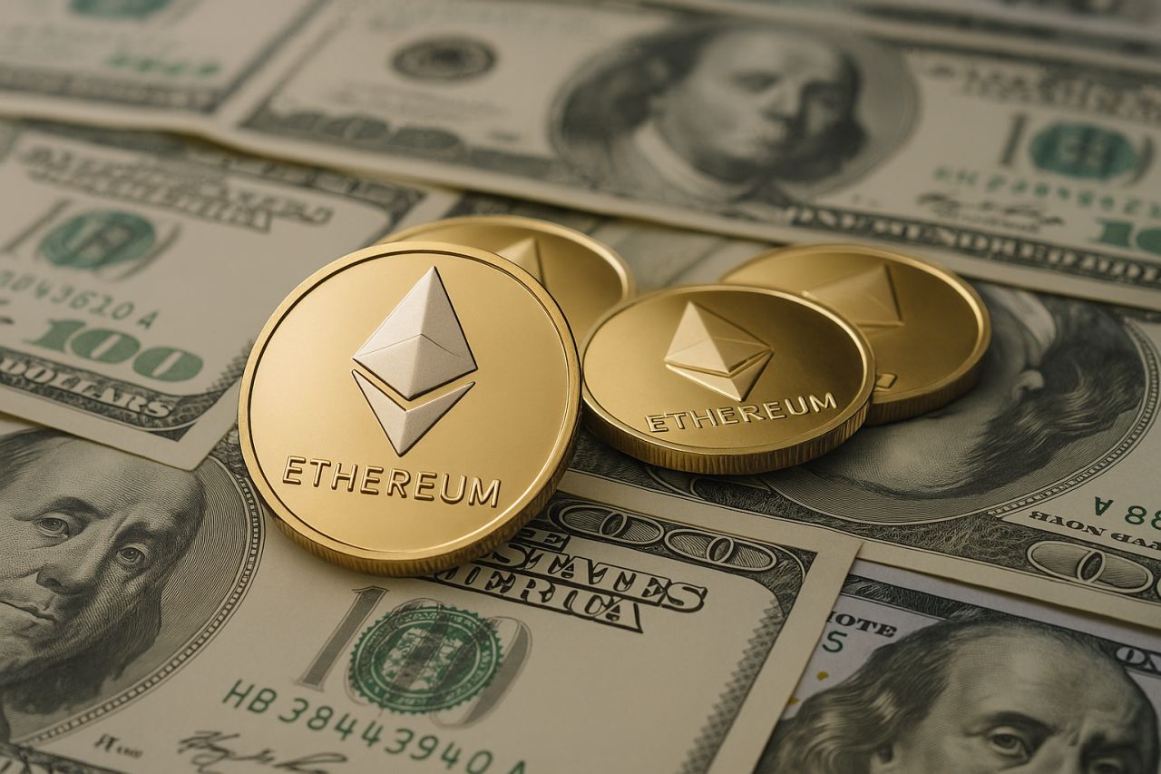 Monete con il simbolo di Ethereum e alcune banconote
