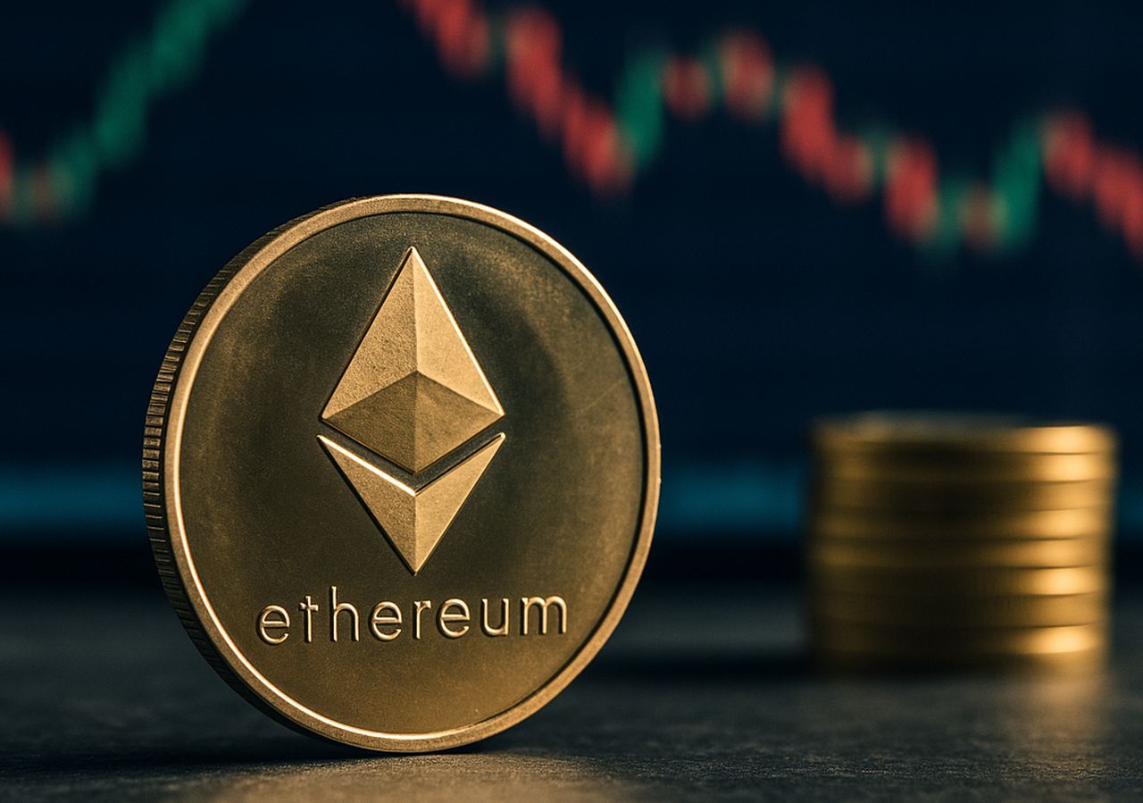 una moneta con il simbolo di Ethereum e un grafico a candele sullo sfondo