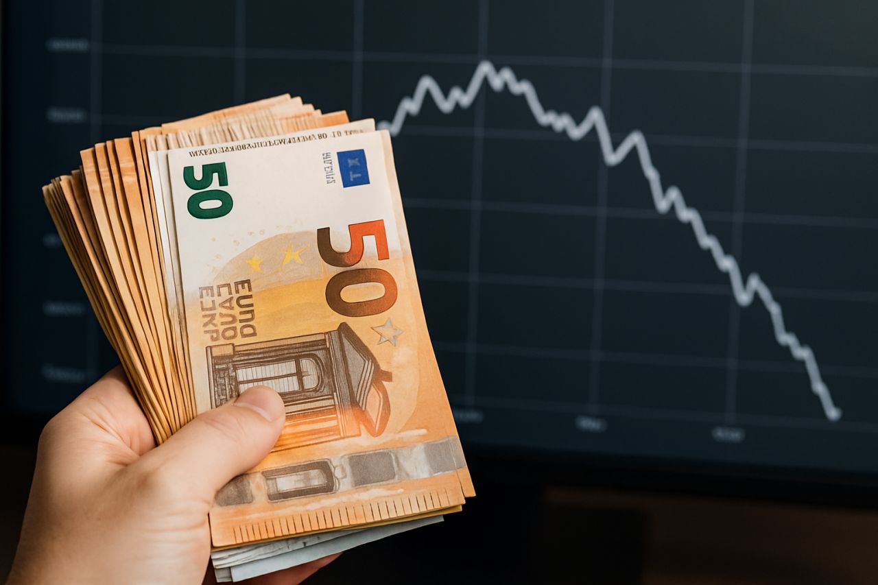 Alcune banconote da 50 euro in una mano e un grafico finanziario sullo sfondo