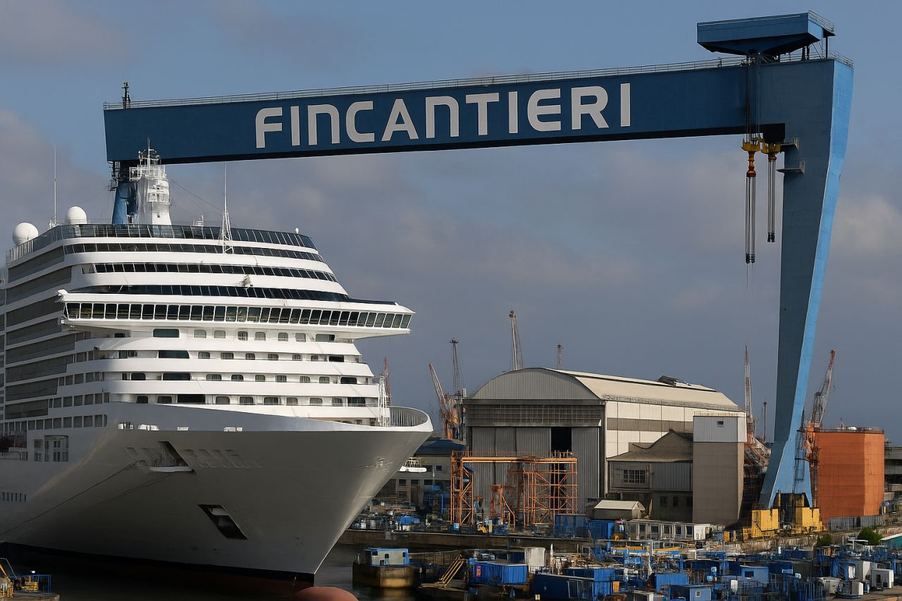 Una nave ormeggiata in un porto dove su un braccio meccanico si legge la scritta Fincantieri