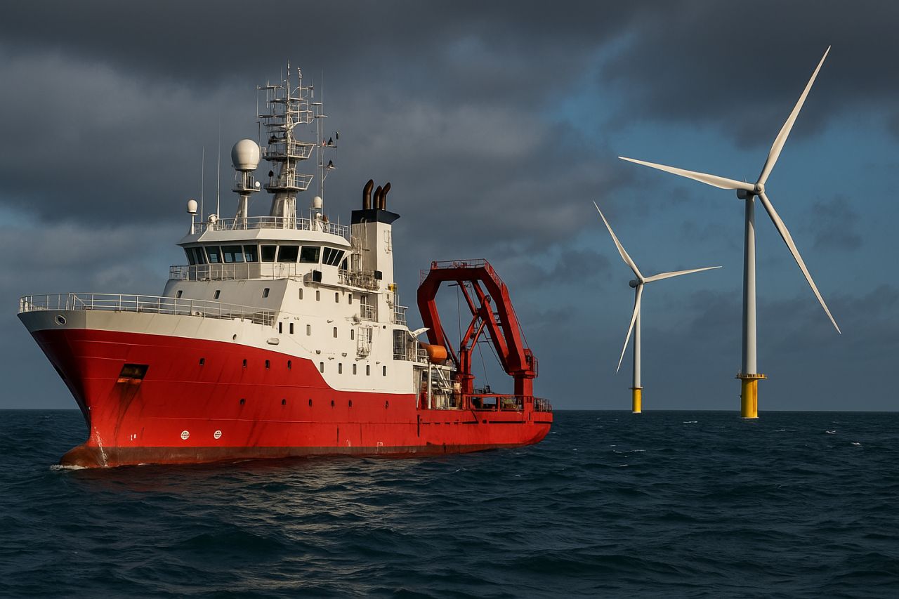 Una nave cargo al largo e sullo sfondo alcune pale eoliche in mare