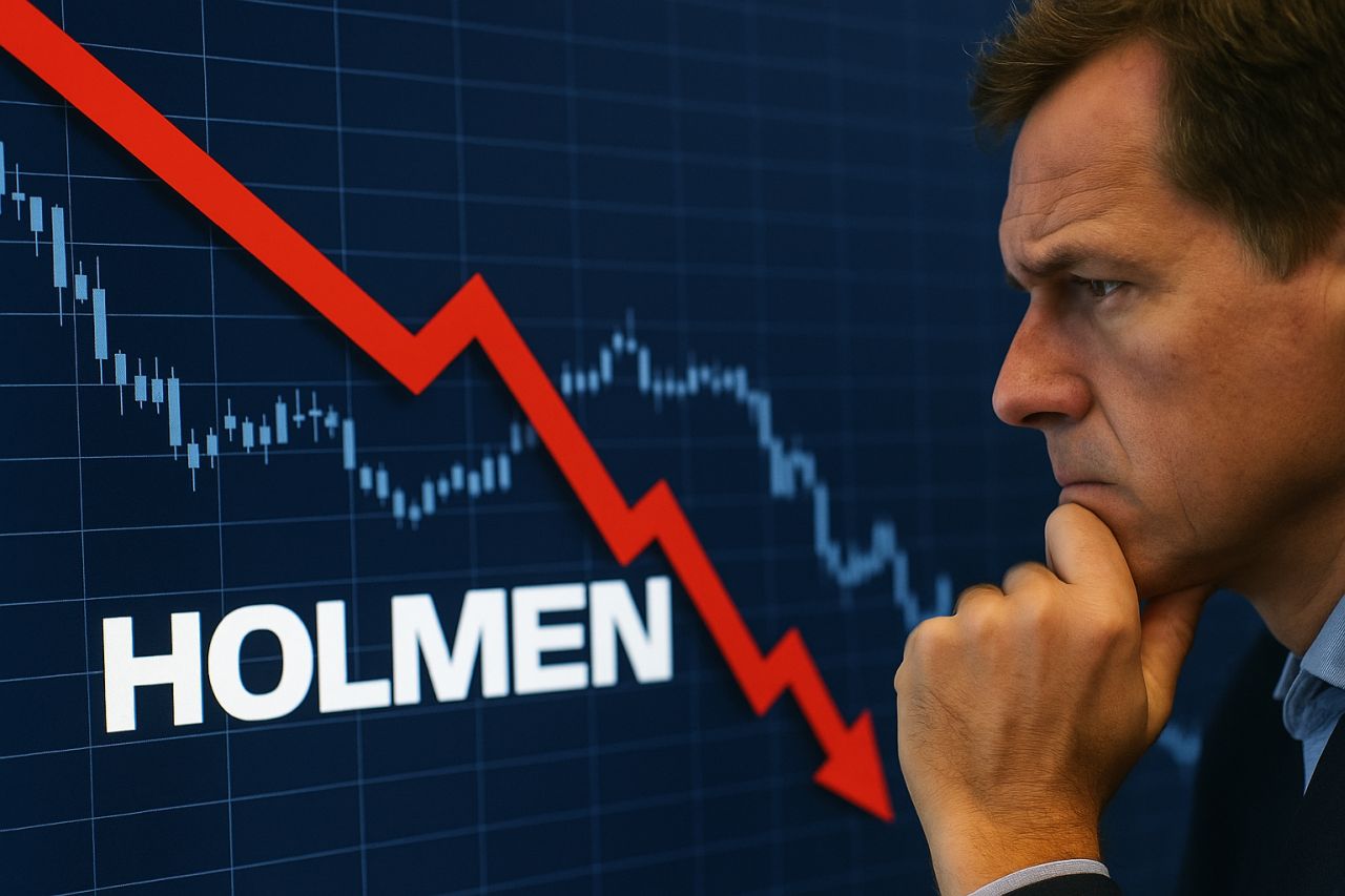 il profilo di un uomo che osserva un grafico con una freccia rossa verso il basso e la scritta Holmen