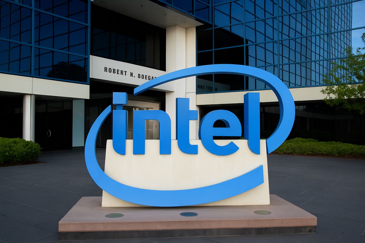 Logo intel davanti all'entrata di un edificio