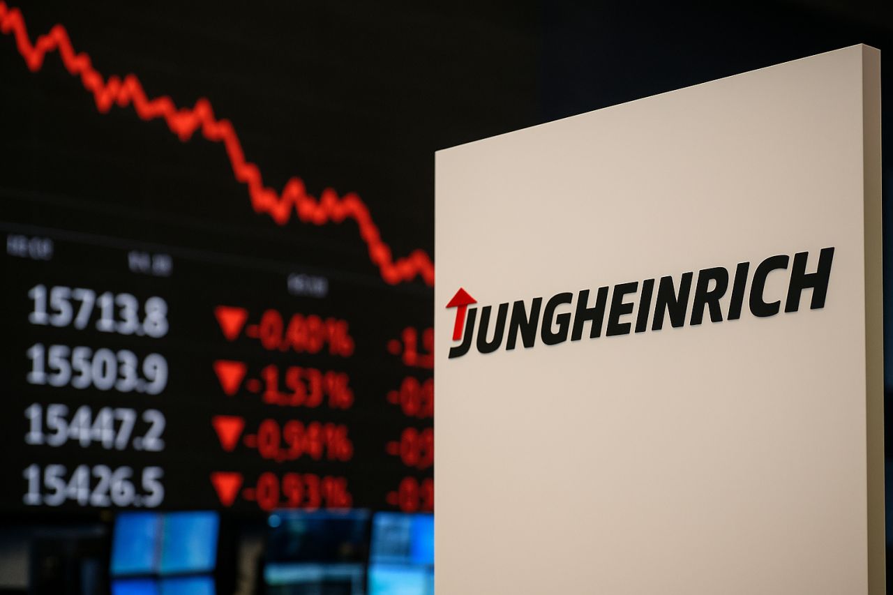 Un'insegna bianca con la scritta Jungheinrich e un grafico finanziario sullo sfondo