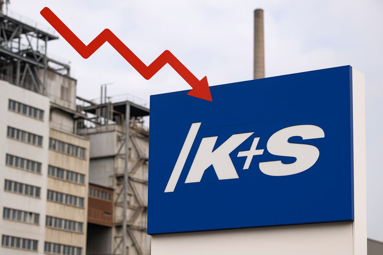 La scritta K+S su un cartello blu con dei palazzi sullo sfondo e una freccia rossa verso il basso in sovrimpressione
