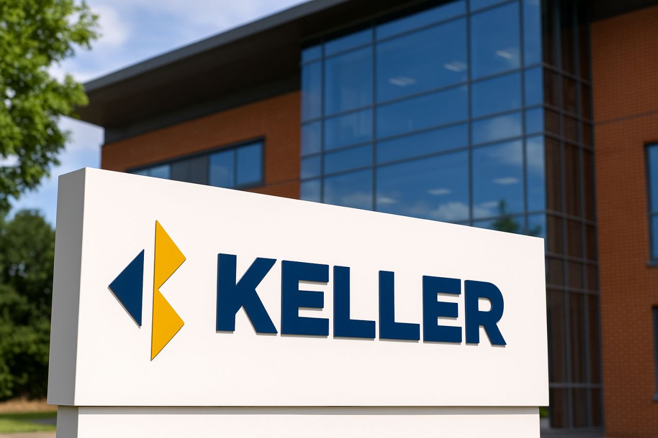 Logo e scritta Keller su un'insegna davanti alla vetrata di un edificio
