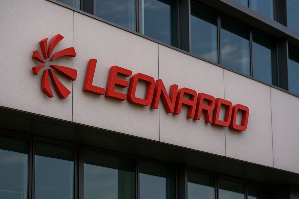 Vetrata di un palazzo con logo e scritta Leonardo