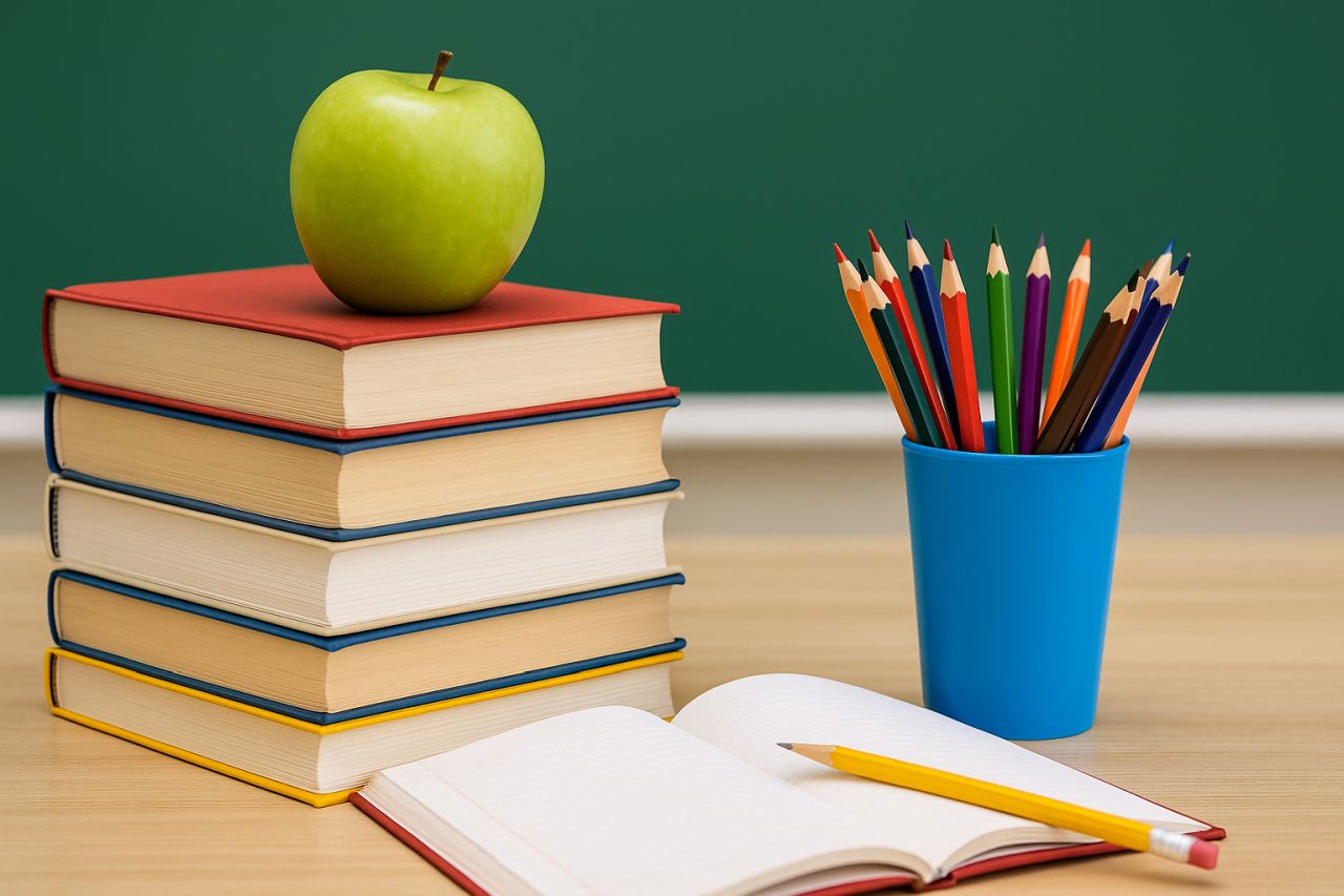 Una mela poggiata su una piccola pila di libri, accanto a un portapenne e un quaderno aperto su un tavolo