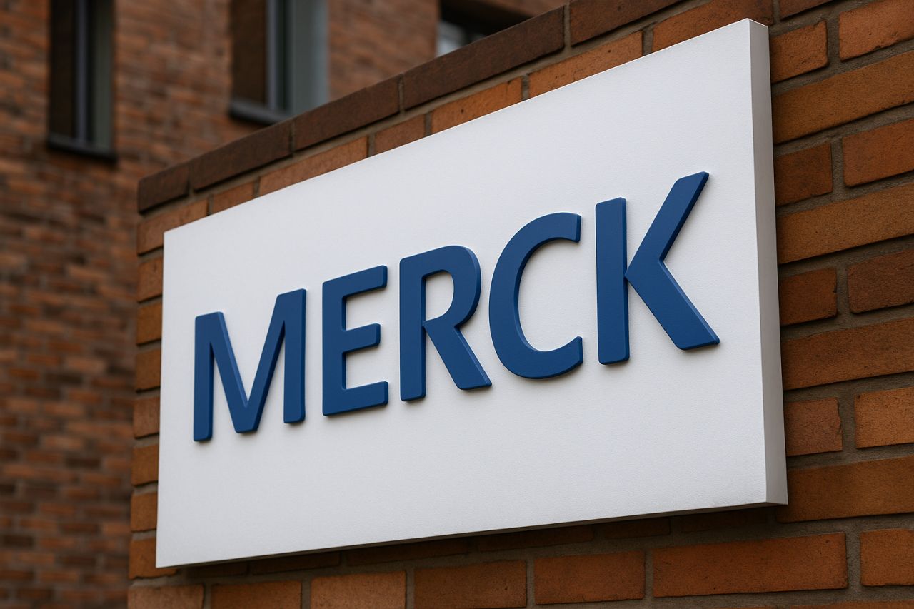 scritta Merck su un cartello bianco su una parete di mattoni
