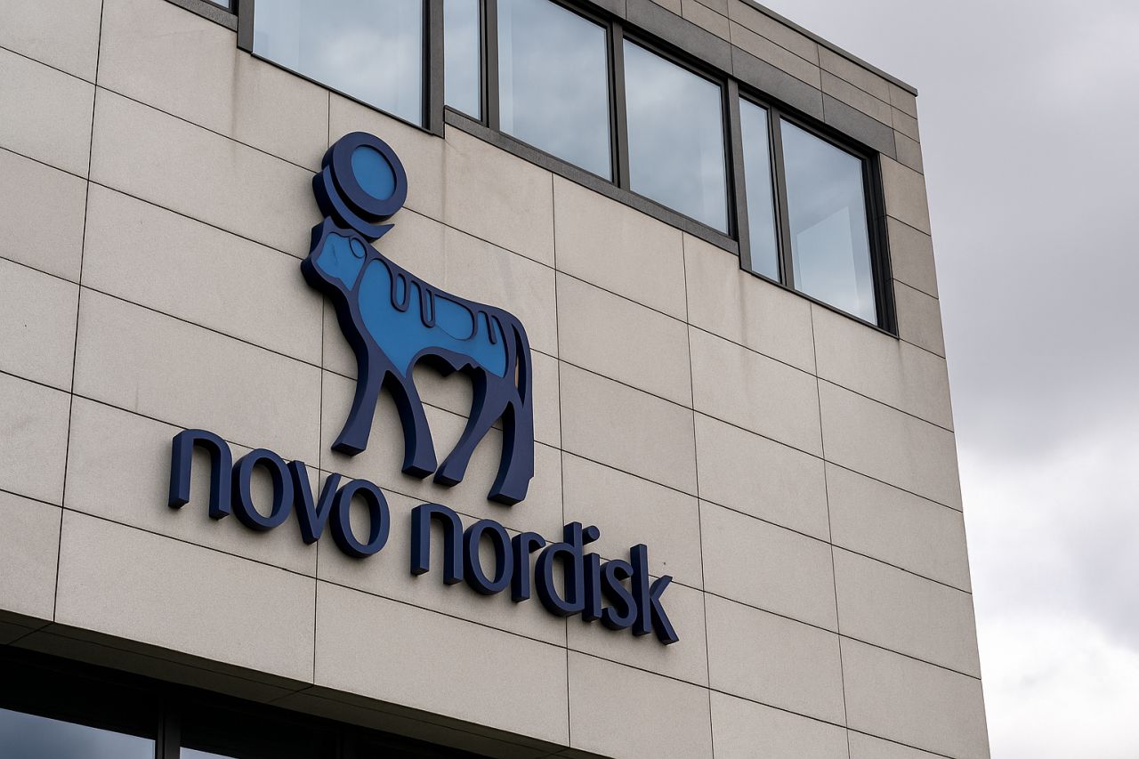Logo e scritta Novo Nordisk sulla parete di un edificio