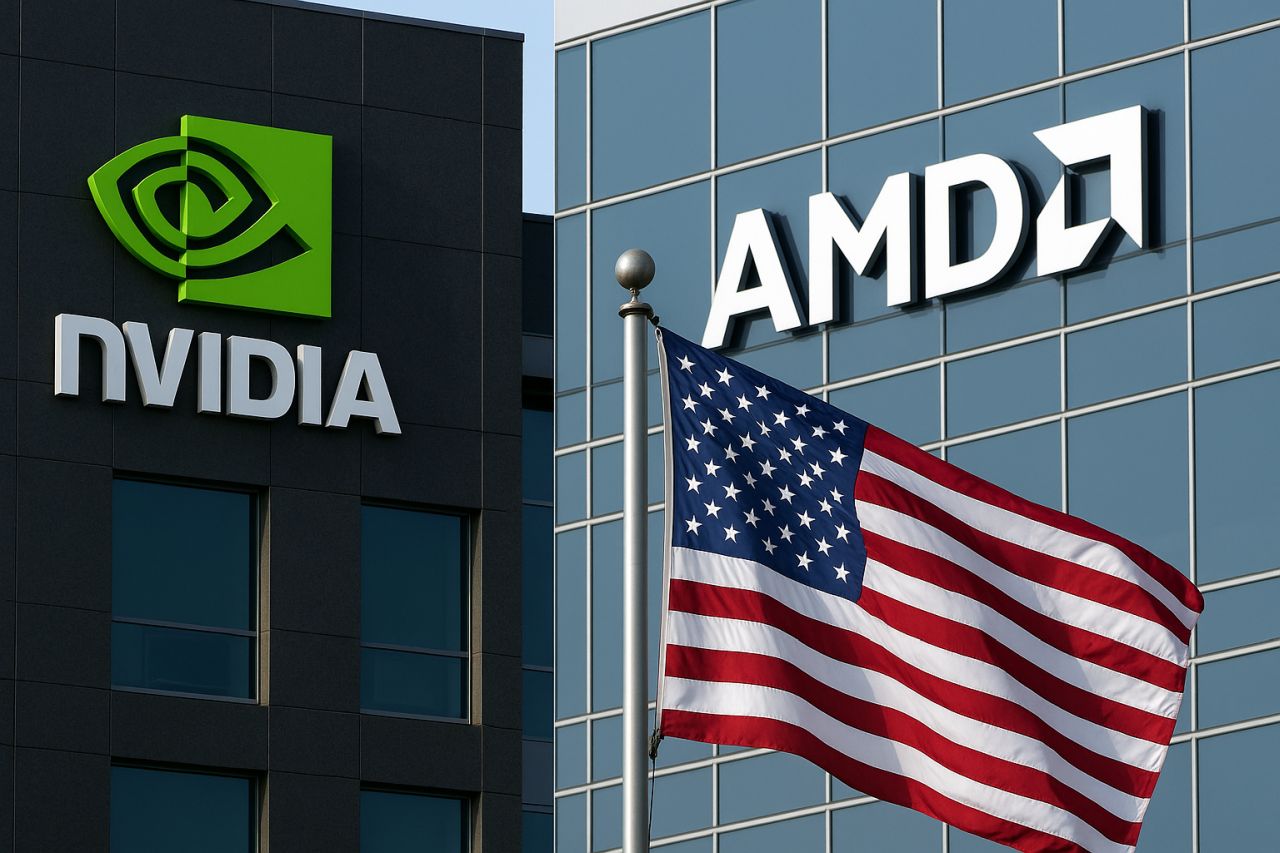 Il logo di Nvidia e quello di AMD sul fronte di due palazzi uno accanto all'altro. In sovrimpressione la bandiera degli USA