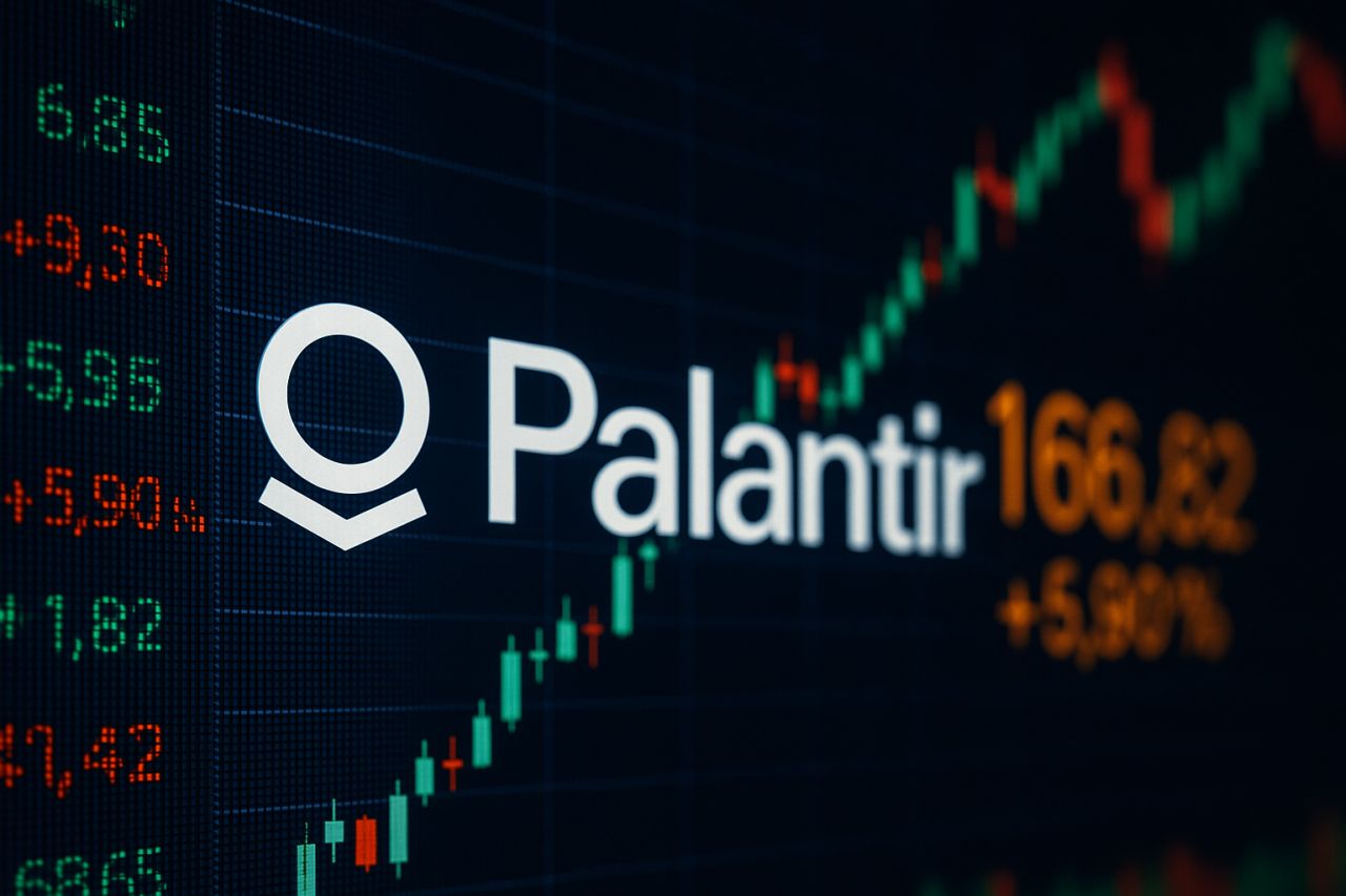 Un grafico a candele sullo sfondo e logo e scritta Palantir davanti