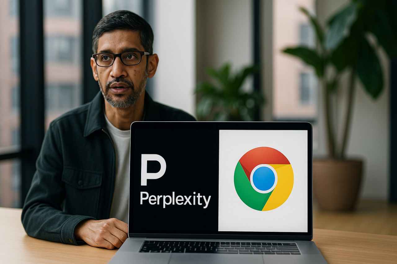 primo piano di un signore seduto ad una scrivania e un laptop con logo di Chrome e scritta Perplexity