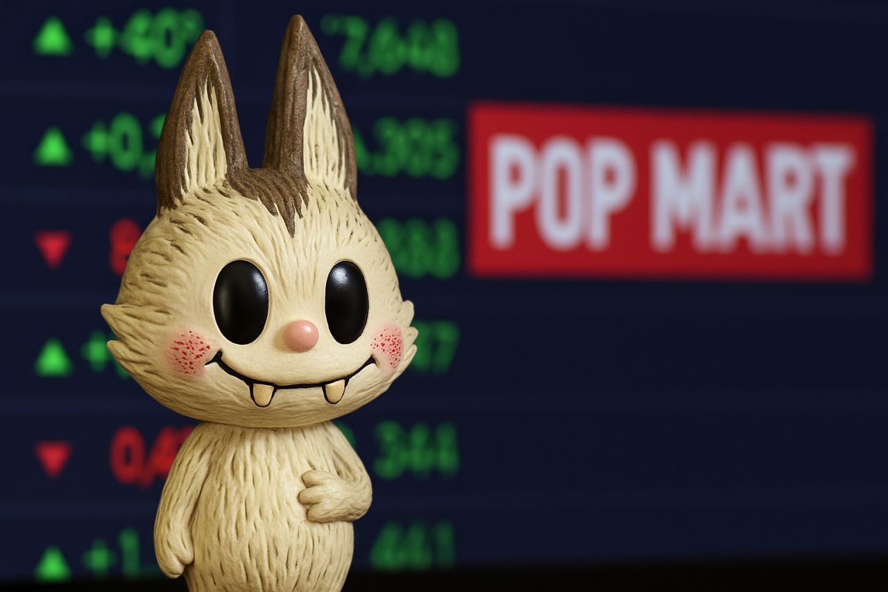 un pupazzetto Labubu e la scritta Pop Mart sullo sfondo