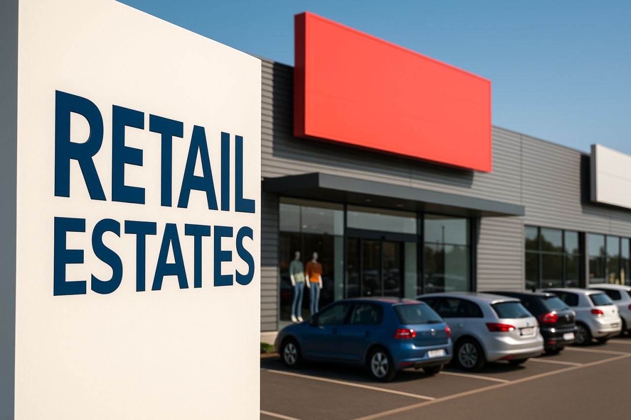 cartello con scritta Retail estates vicino all'edificio di un rivenditore