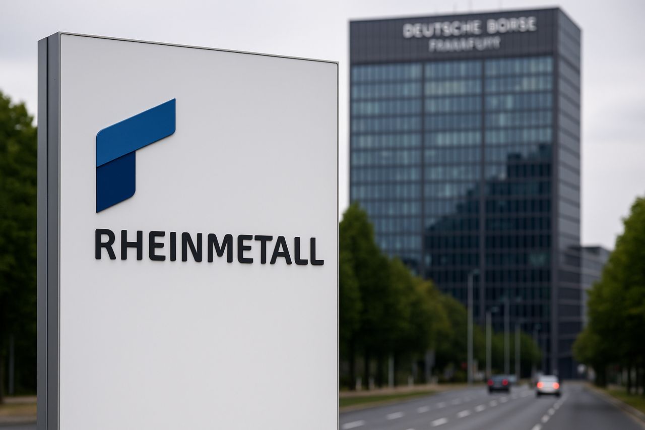 Logo e scritta Rheinmetall su un'insegna bianca davanti a un palazzo