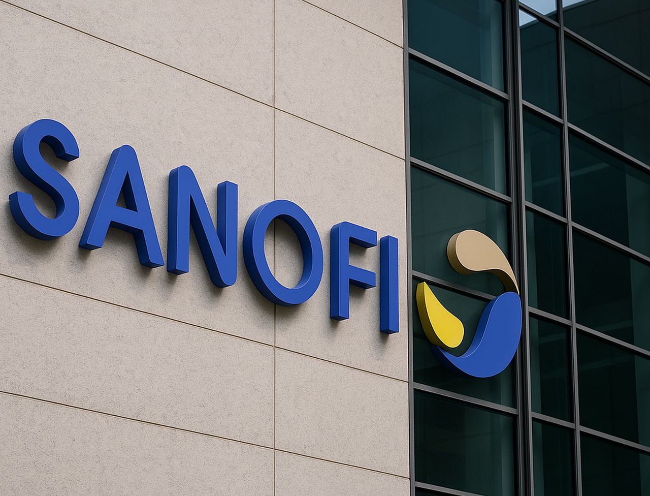 logo e scritta Sanofi sulla parete di un edificio
