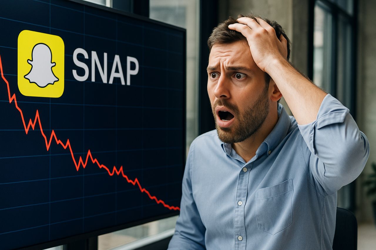 primo piano di un investitore con uno schermo con un grafico in discesa e il logo di Snap