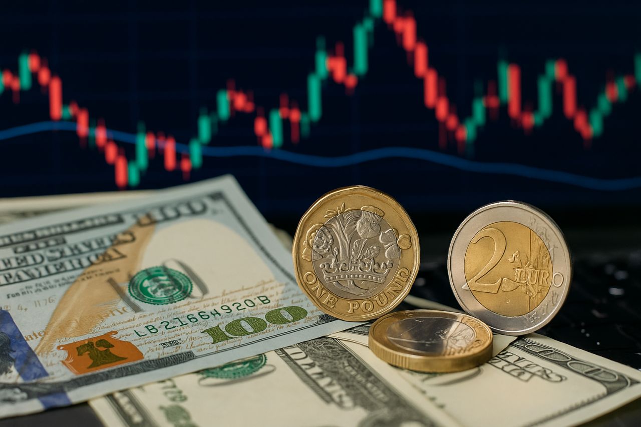 Una moneta da 1 sterlina e una da 2 euro con delle banconote in dollari e un grafico a candele sullo sfondo