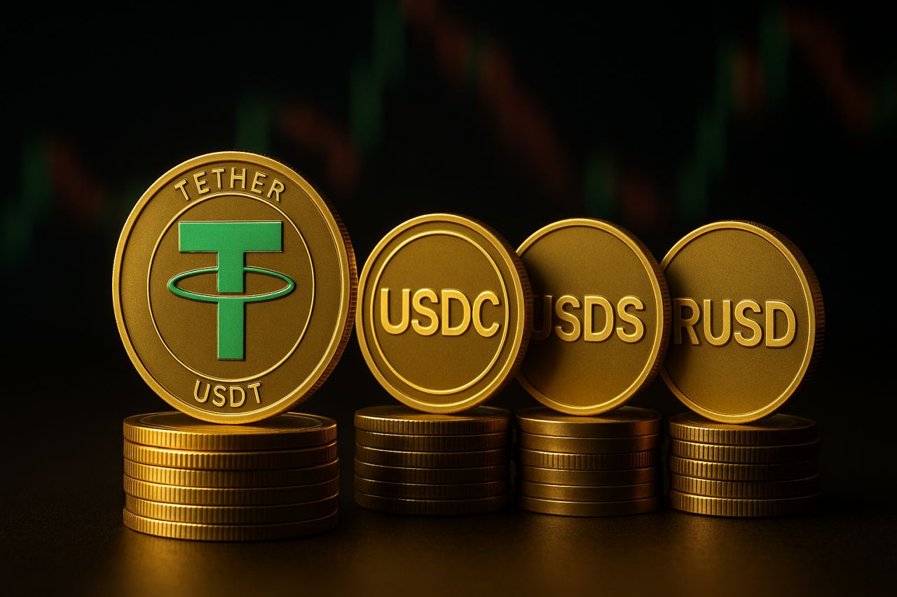 Una moneta con il simbolo di Tether e altre monete accanto
