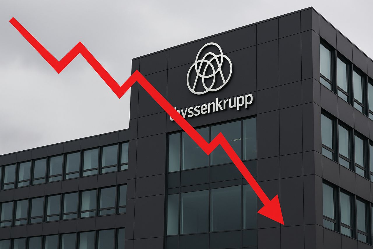 Un edificio con la scritta ThyssenGroup e una freccia rossa verso il basso in sovrimpressione