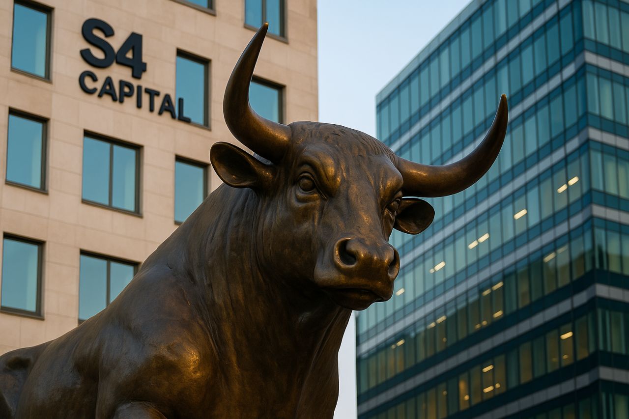 La statua di un toro davanti a un edificio con la scritta S4 Capital