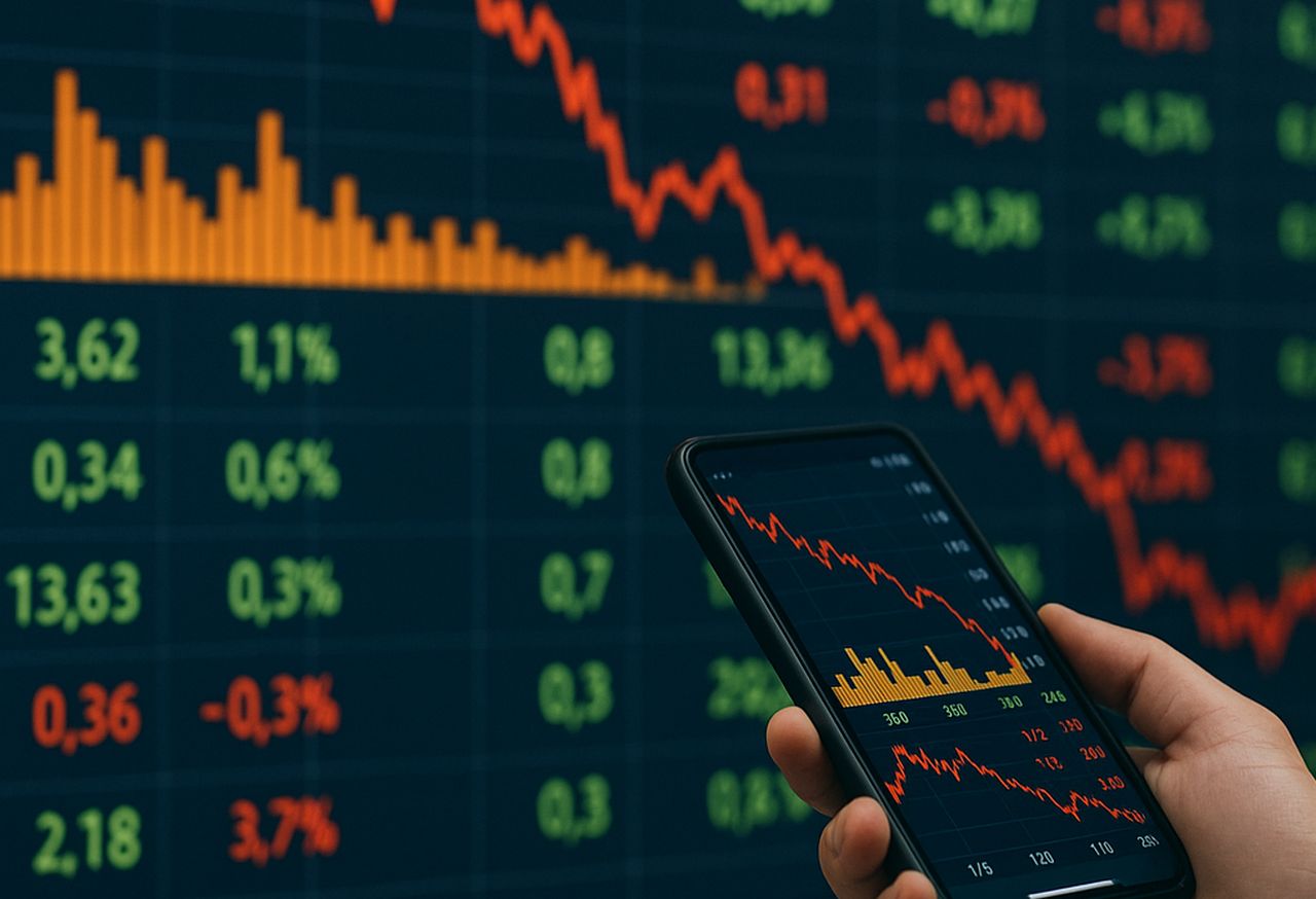 Uno smartphone con dei grafici sullo schermo e altri grafici finanziari sullo sfondo