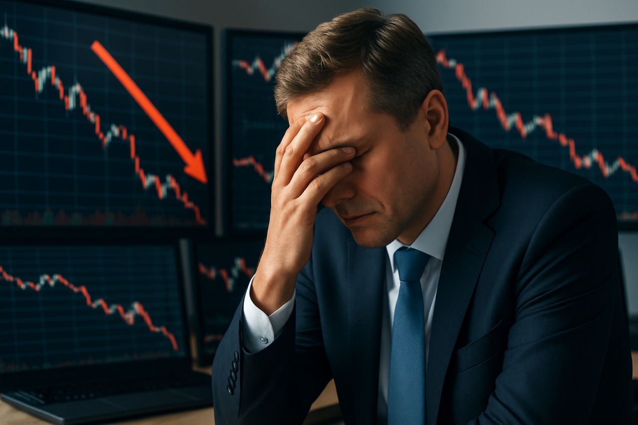 Primo piano di un investitore con dei grafici finanziari in discesa sullo sfondo