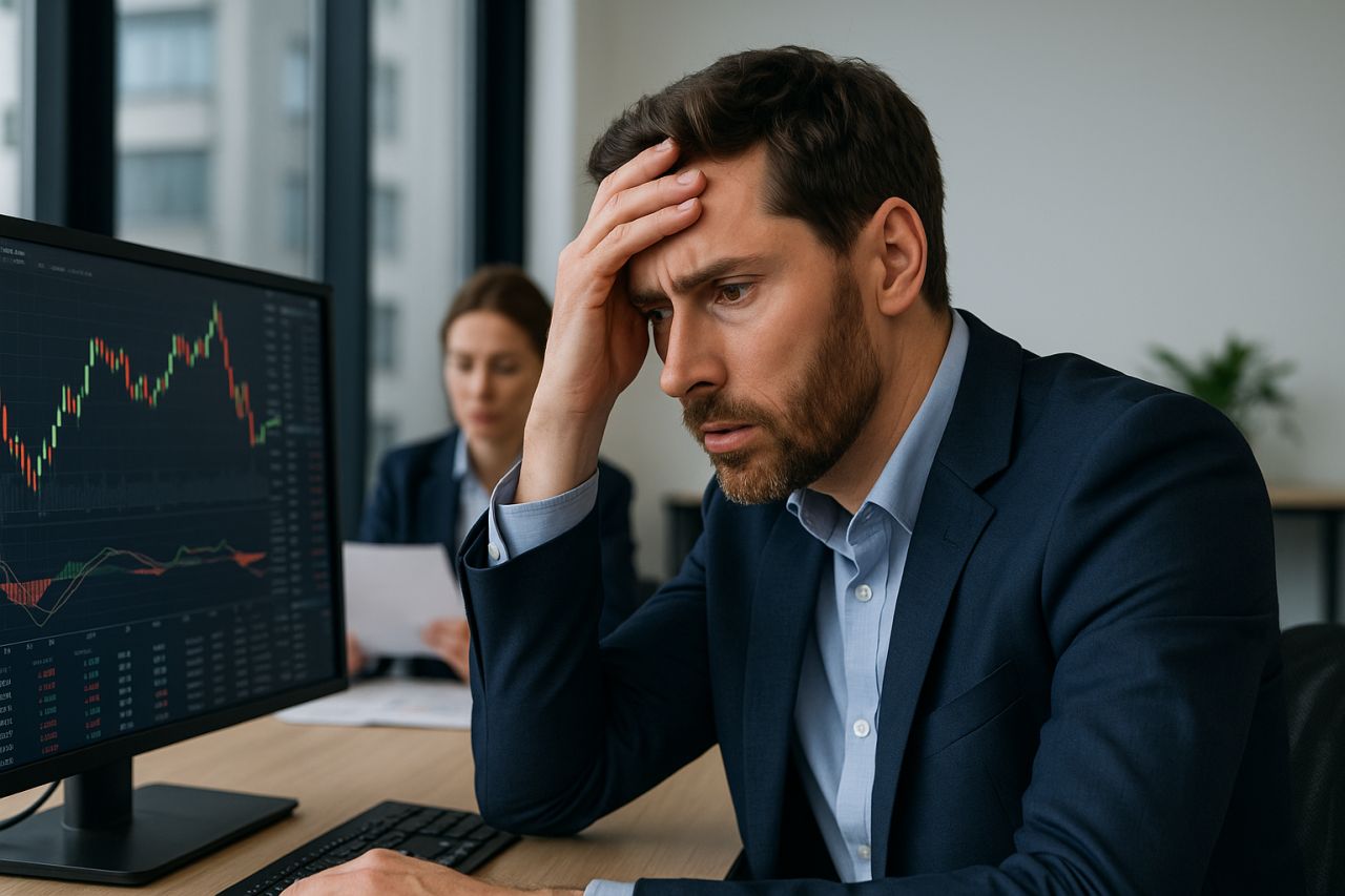 primo piano di un investitore che osserva preoccupato un grafico finanziario sullo schermo di un pc