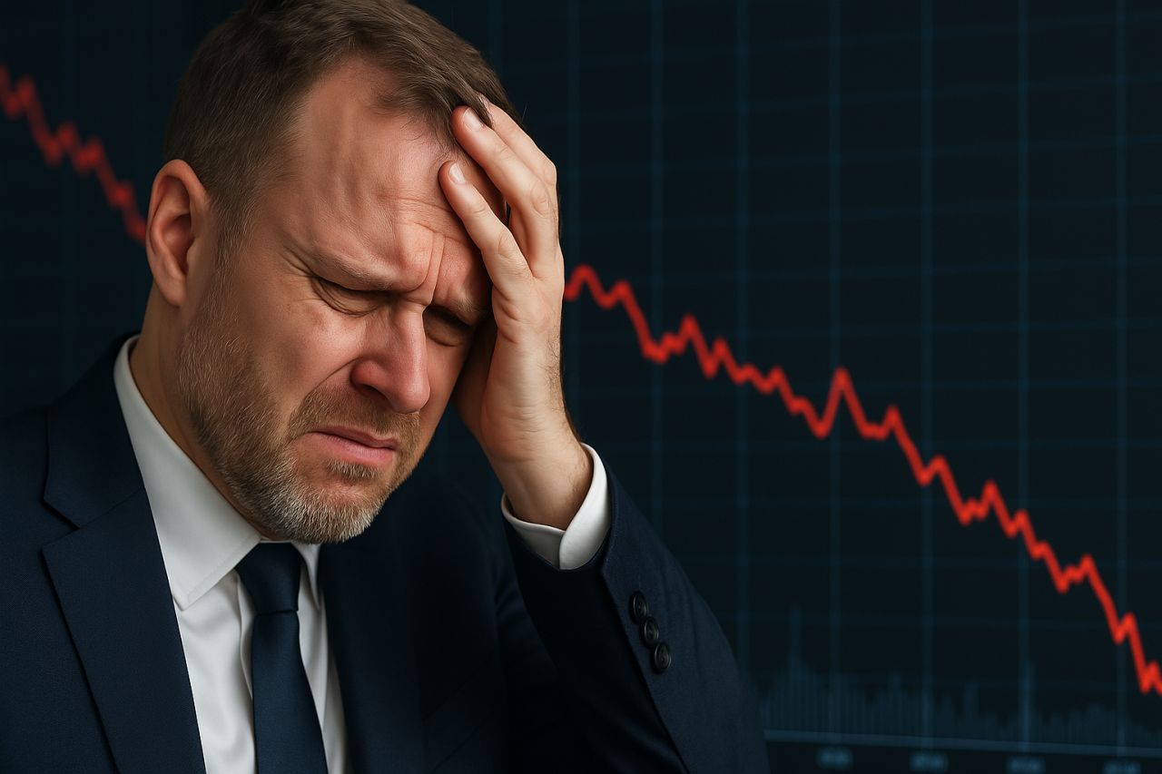 primissimo piano di un investitore preopccupato con un grafico in discesa sullo sfondo