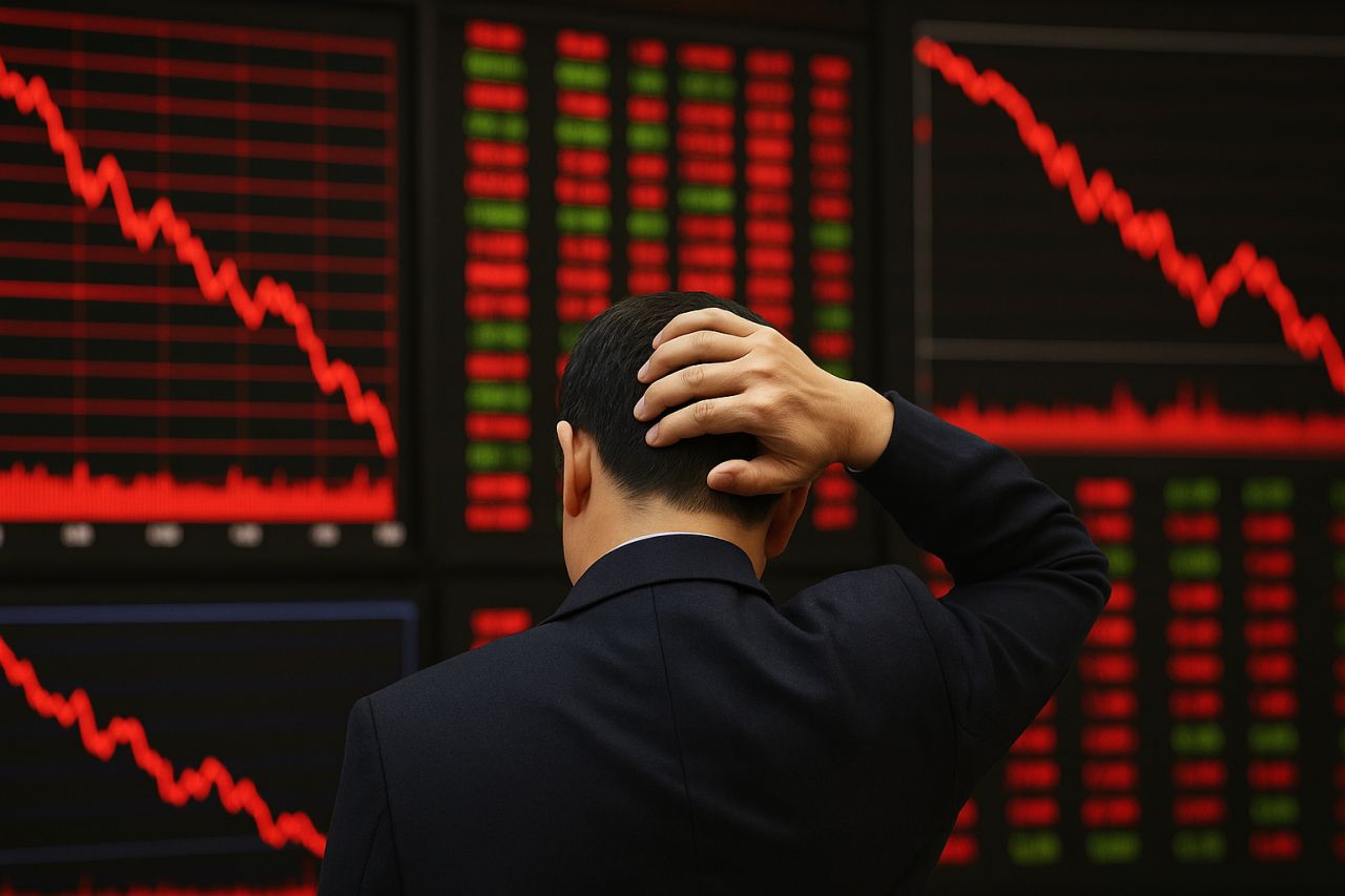 un investitore di spalle e uno schermo di fronte a lui con grafici finanziari in rosso