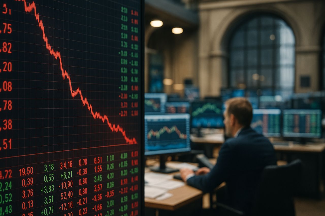 Un tabellone con un grafico finanziario, e un ufficio con varie postazioni per traders