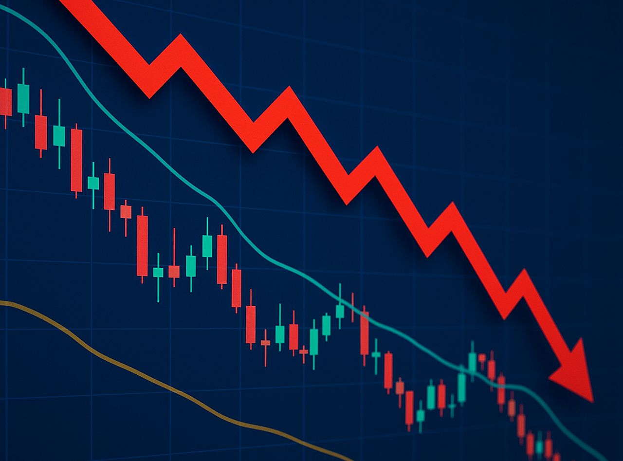 Un grafico a candele con una freccia rossa che lo percorre verso il basso