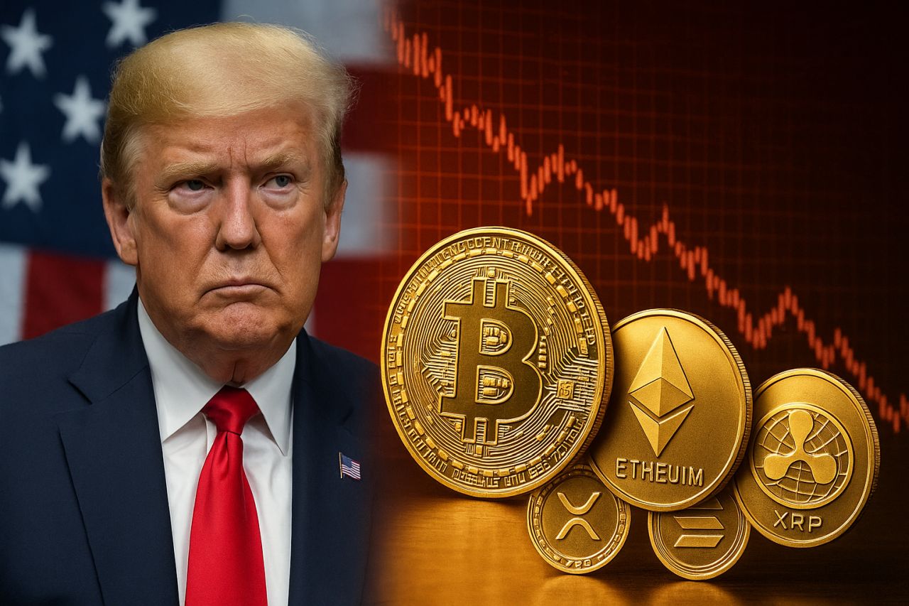 Donald Trump con delle monete di diverse crypto su un lato dell'immagine