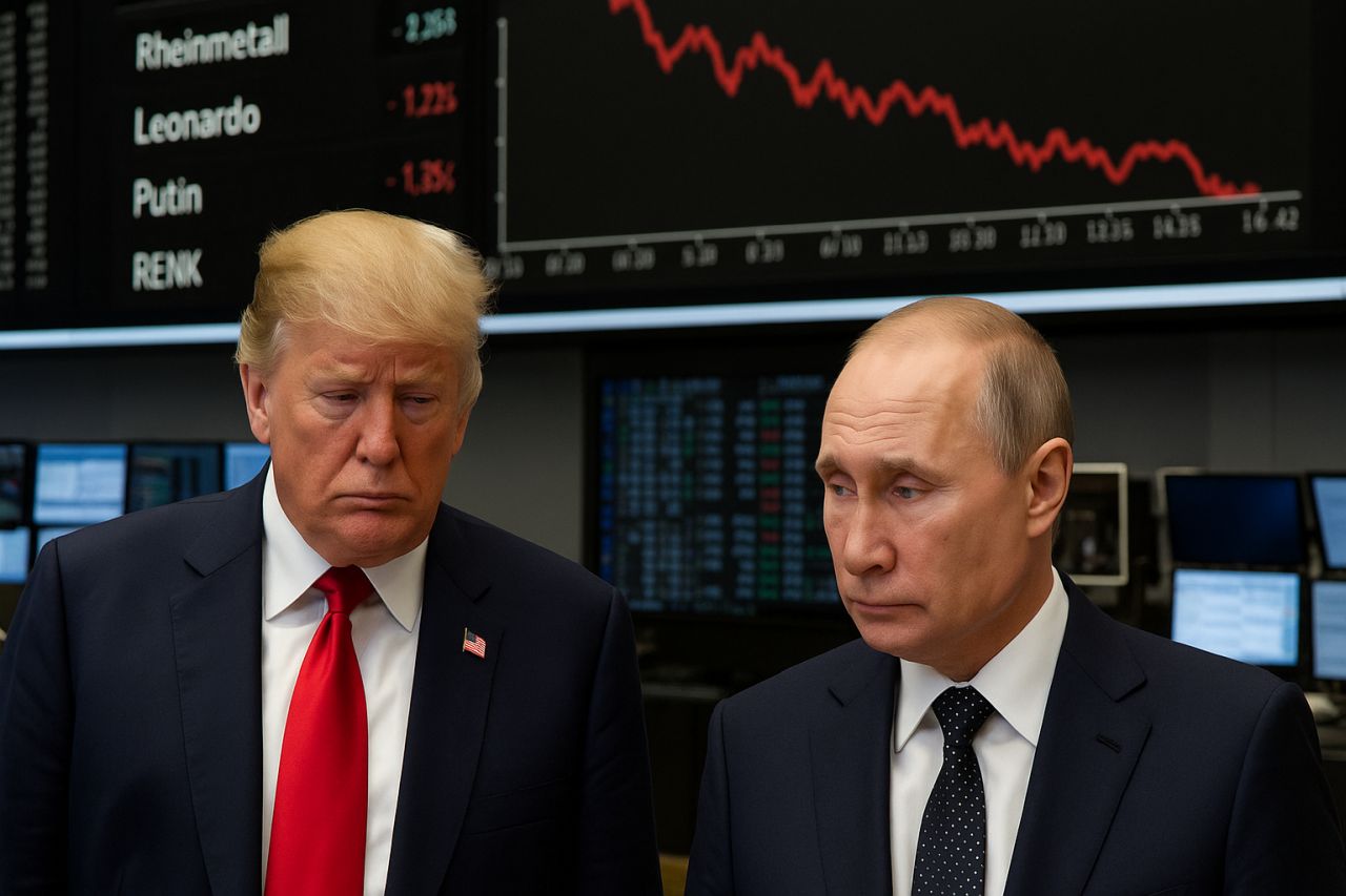 Primo piano di Trump accanto a Putin con dei grafici finanziari alle spalle