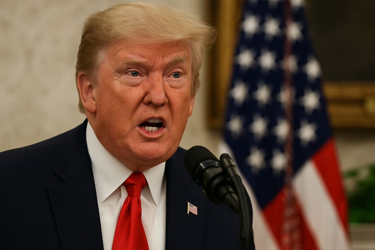 Primo piano di Donald Trump con la bandiera degli USA alle spalle