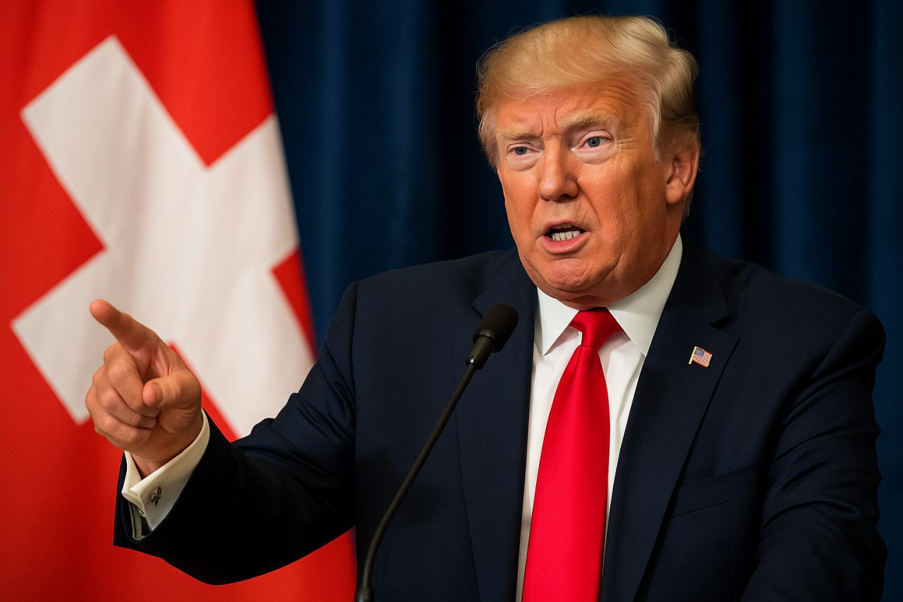 Primo piano di Donald Trump vicino alla bandiera della Svizzera