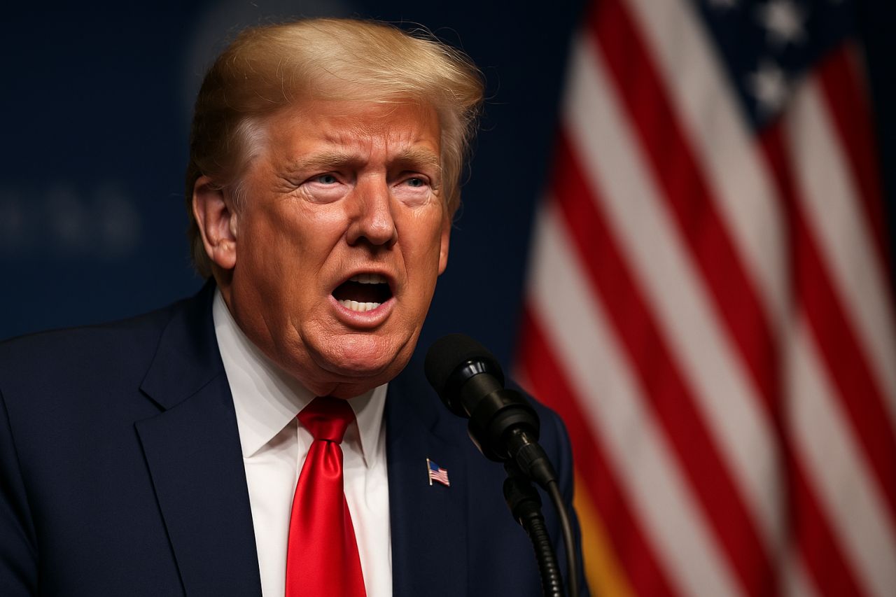 Primo piano di Donald Trump con la bandiera Usa accanto