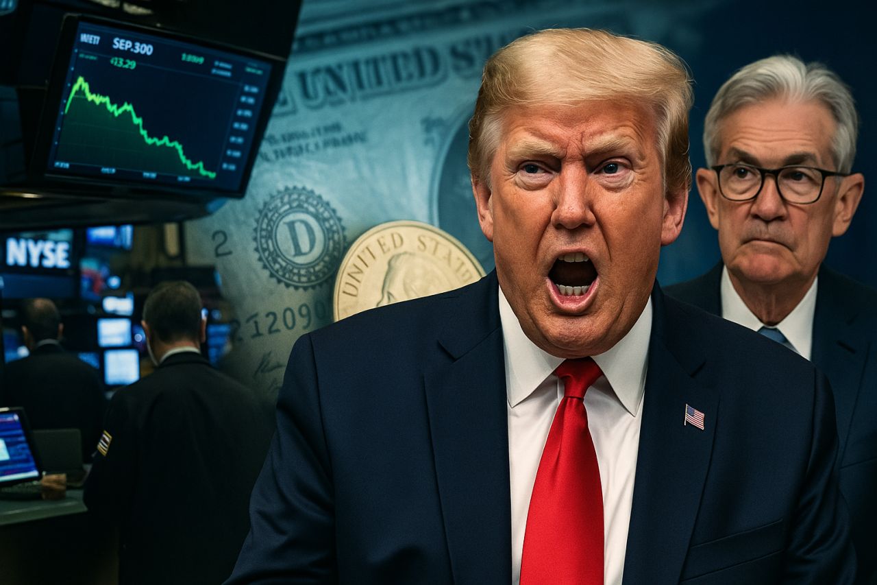 Primo piano di Donald Trump e delle banconote con delle monete sullo sfondo