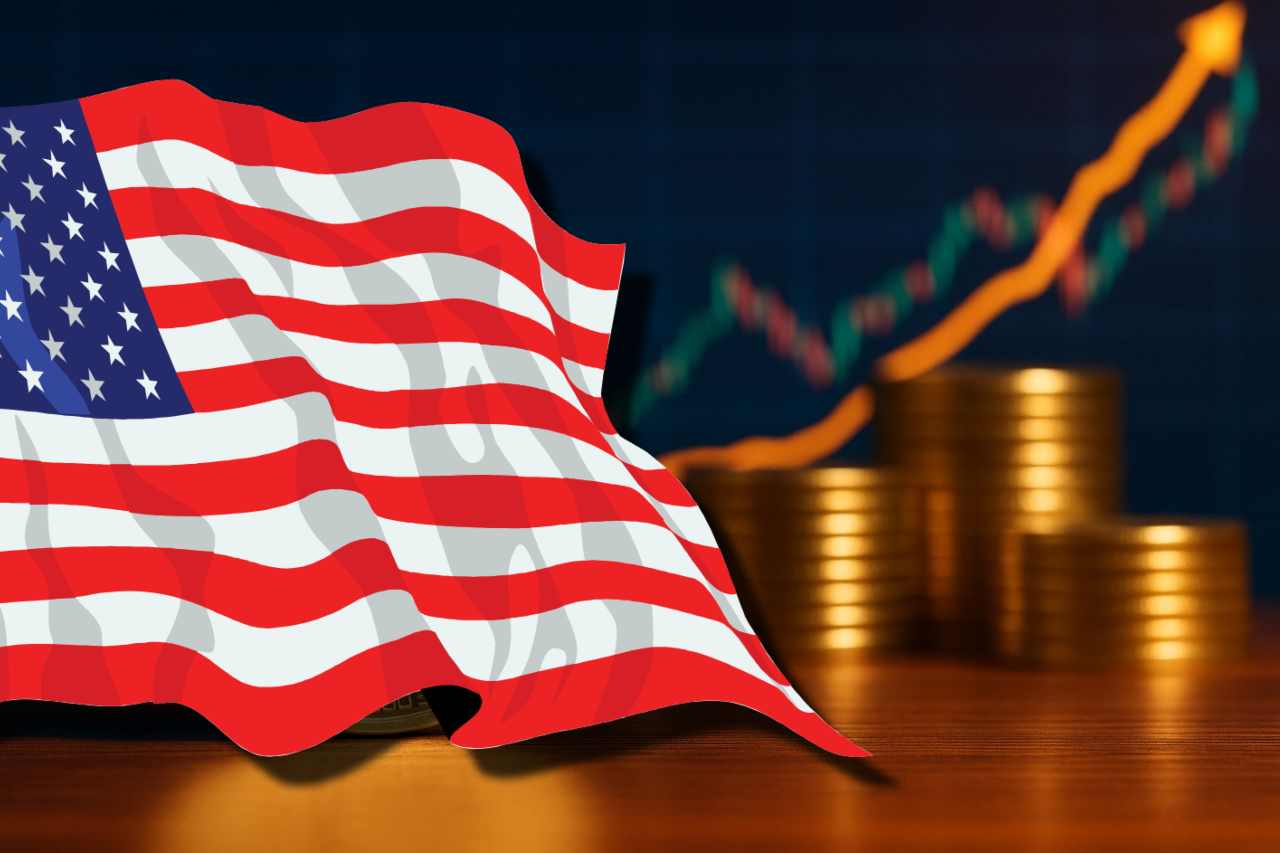 La bandiera degli USA e un grafico finanziario sullo sfondo con delle monete impilate
