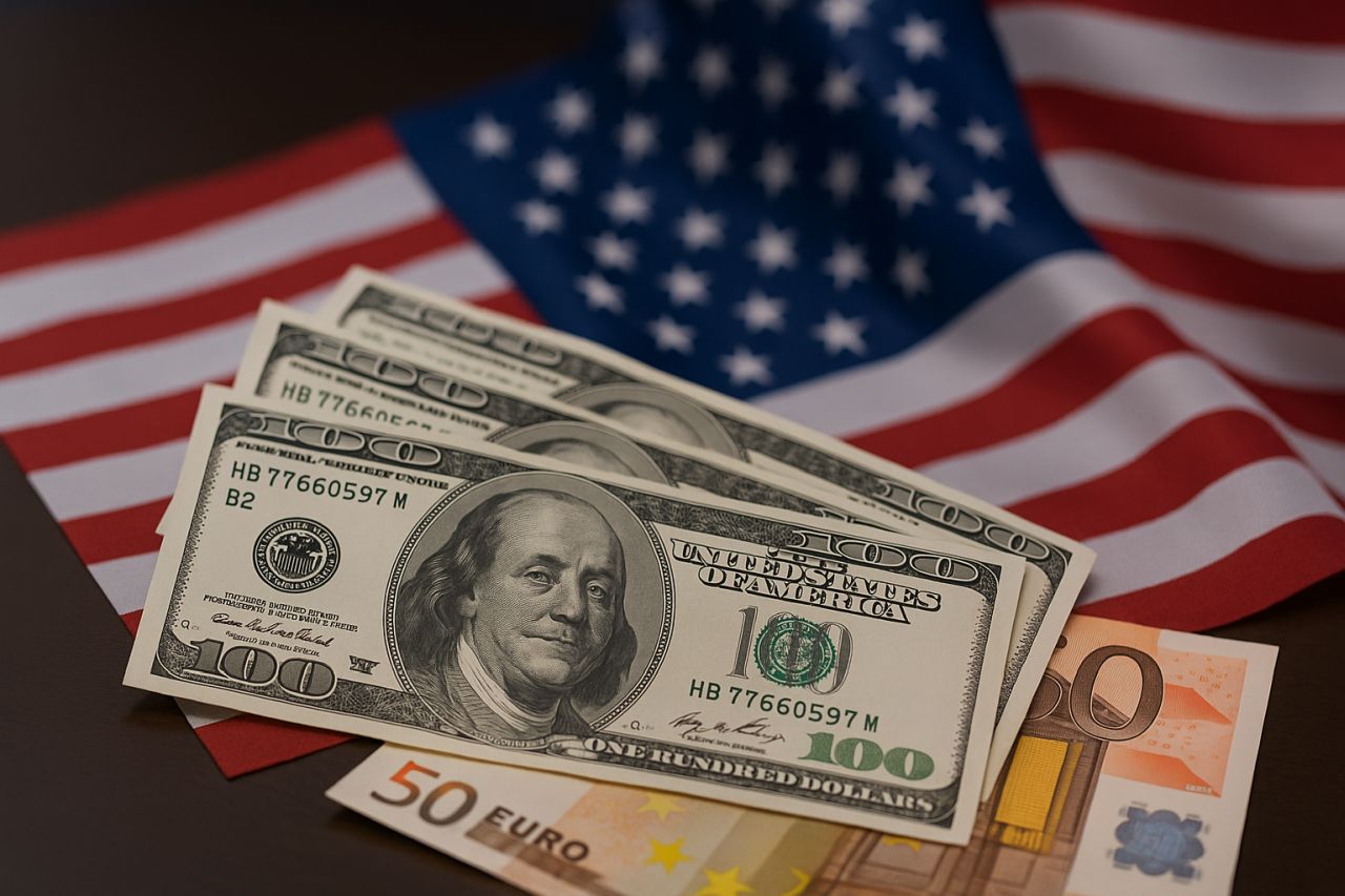 Alcune banconote in dollari e altre in euro con la bandiera degli USA sullo sfondo