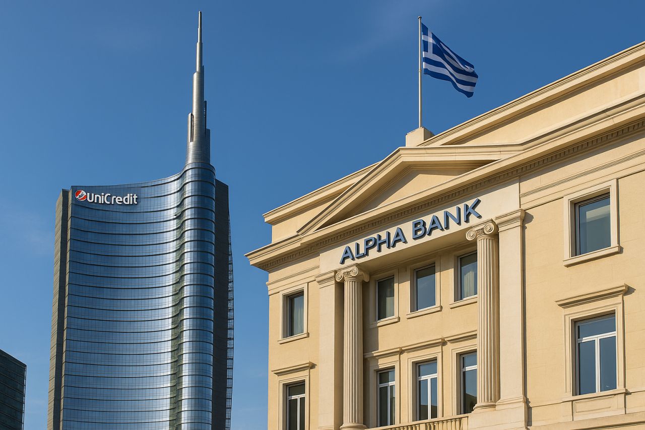 Un palazzo moderno con la scritta Unicredit e uno storico con la scritta Alphabank