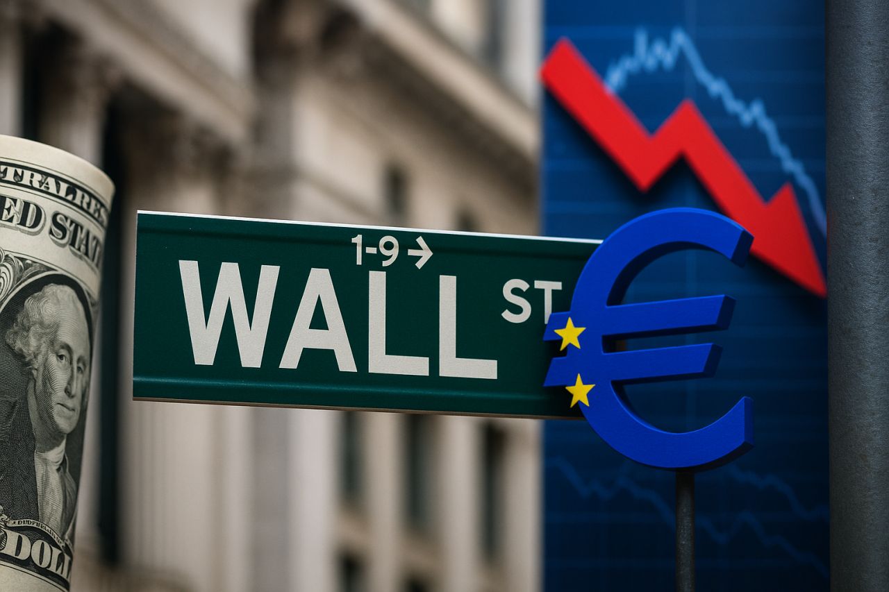 Il segnale Wall Street con il simbolo dell'euro sullo sfondo tra i palazzi