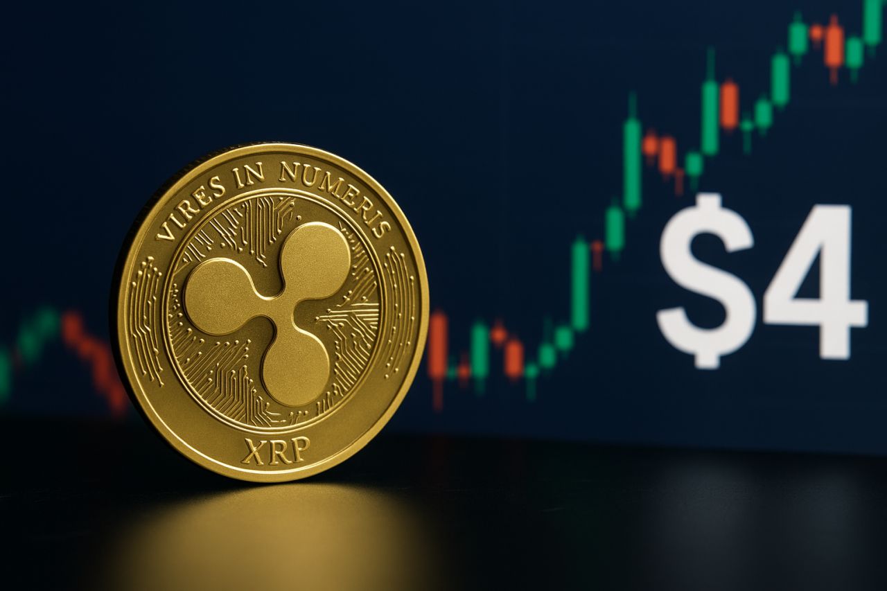Una moneta con il simbolo di XRP e la scritta $4. Sullo sfondo un grafico a candele