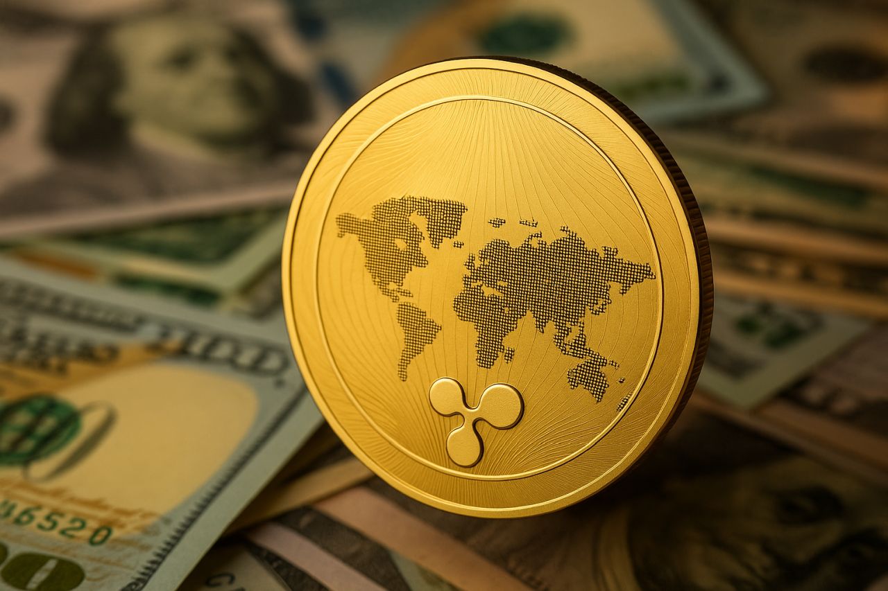 una moneta con il simbolo di XRP, con alcune banconote sotto di essa