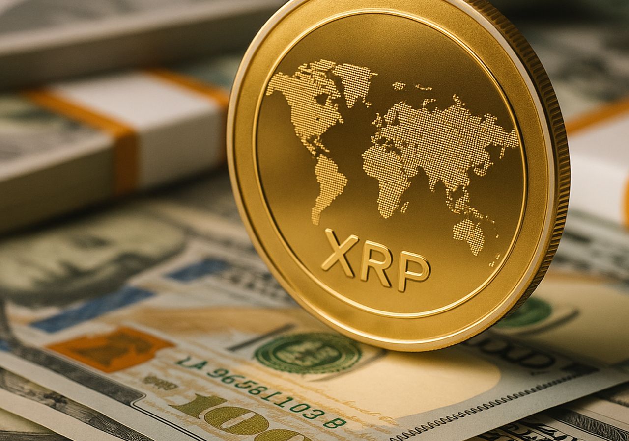 Una moneta con la scritta XRP e delle banconote sotto