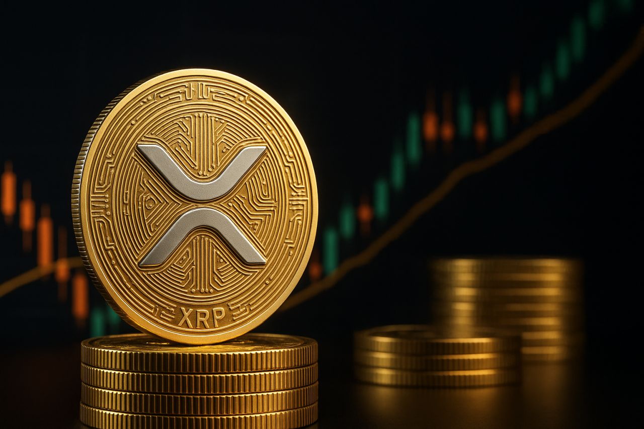 una moneta con il simbolo di XRP e altre monete impilate dietro. Sullo sfondo un grafico a candele